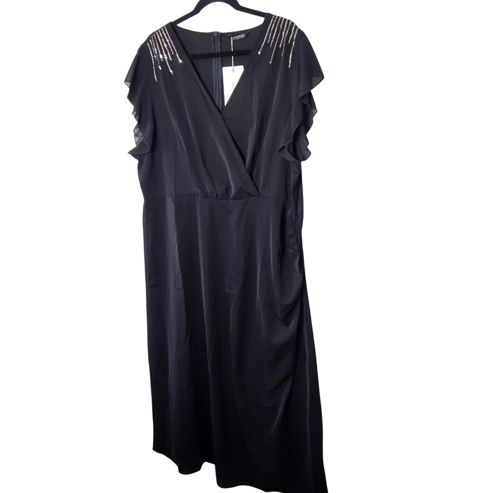 NWT Black silver sequin maxi Dress flutter sleeve‎ Plus size 22-24